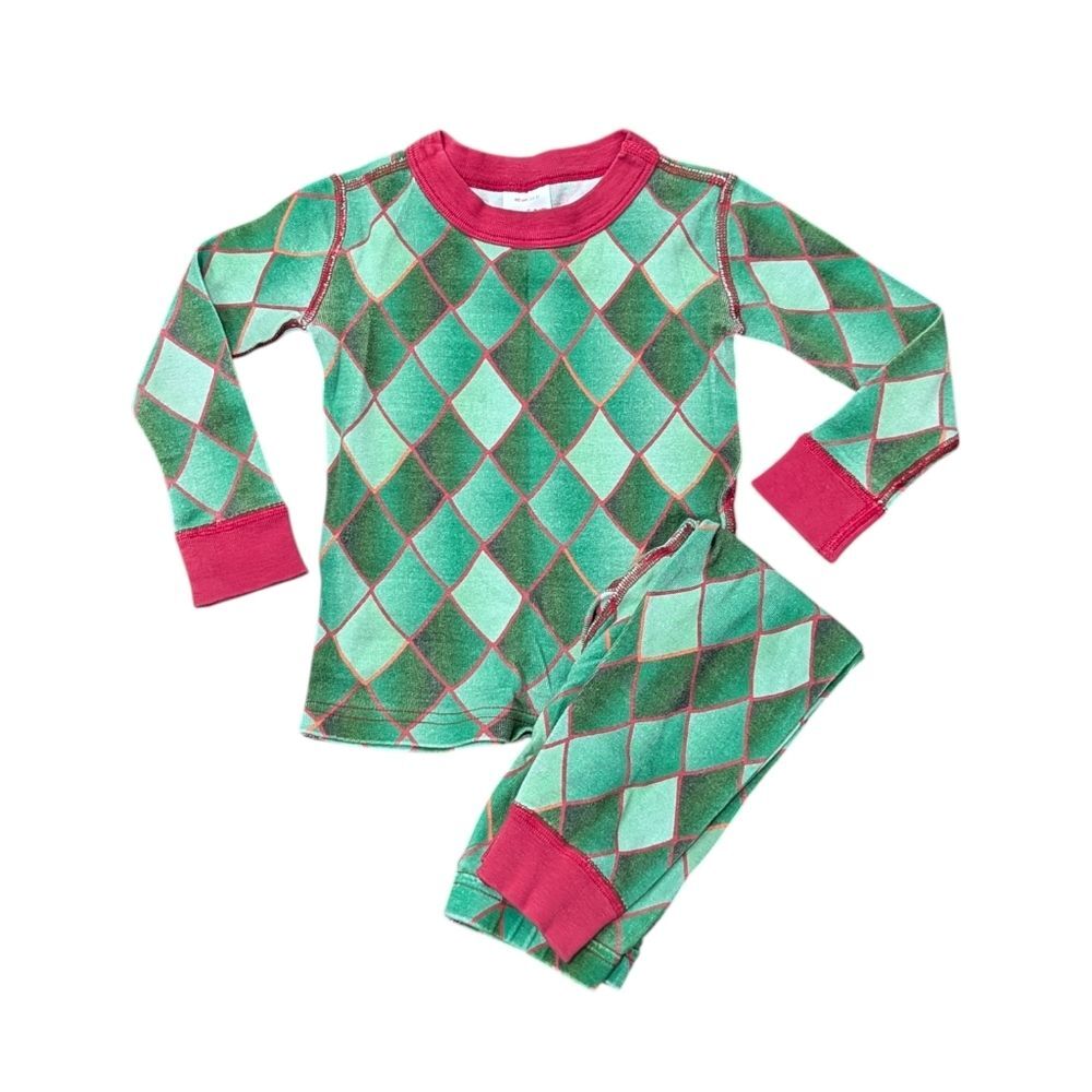 Hanna Andersson Dragon Scales Long John Cotton Pajamas Green Red Boys Size 90 3T